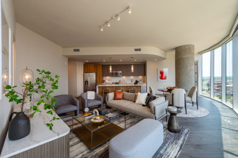 Modern apartment living room with large glass windows in Brava